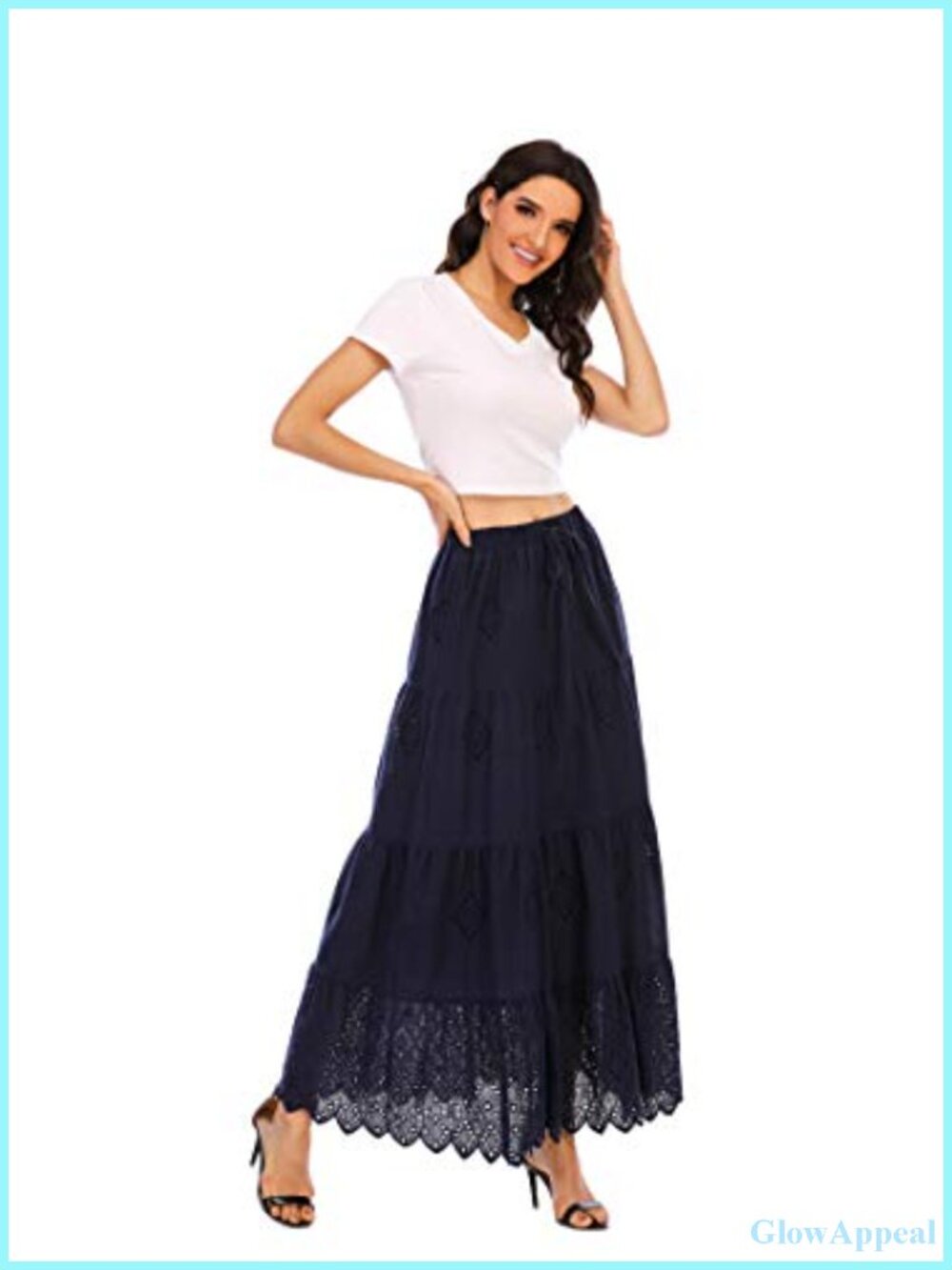 Women's Boho Cotton Embroidered Tiered Maxi Skirt Elastic High Waist A-Line - Picture 5 of 6